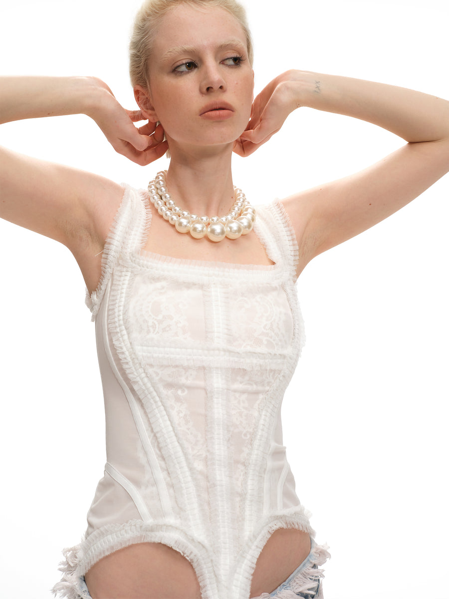 White Lace Trim Mesh Corset – Nφdress