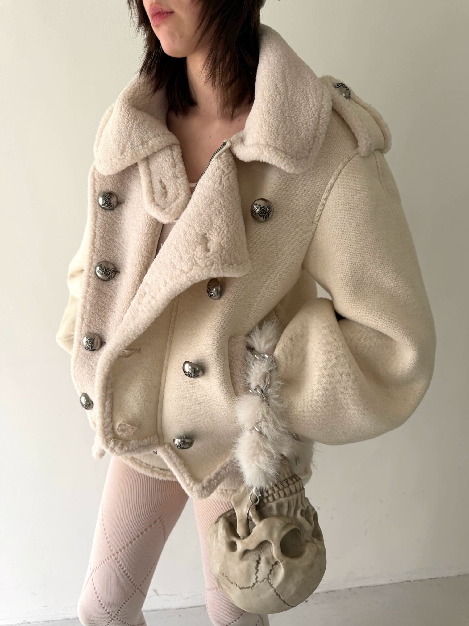 White Knit Double-Breasted Napoleon Coat with Sherpa Lining – Nφdress