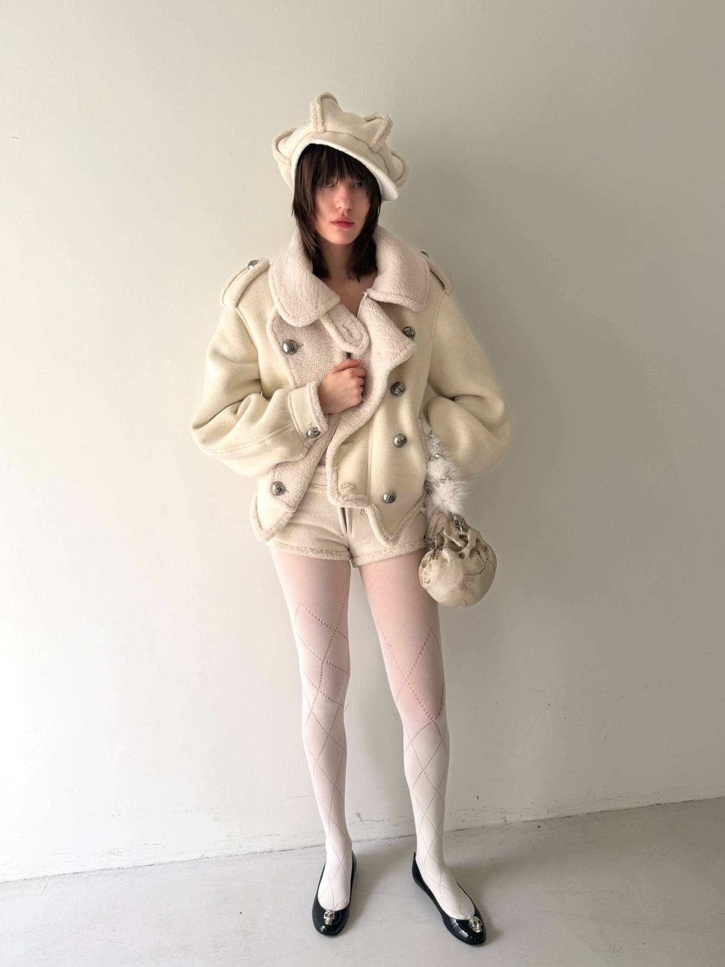 White Knit Double-Breasted Napoleon Coat with Sherpa Lining – Nφdress