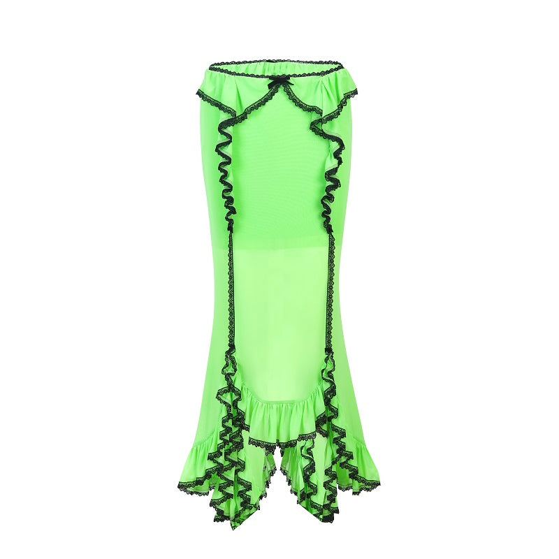 ミニスカート Nodress Lace Trim Fluorescent Netting Ruffled Fishtail Skirt Nodress Lace Trim Fluorescent Green Netting Ruffled Fishtail